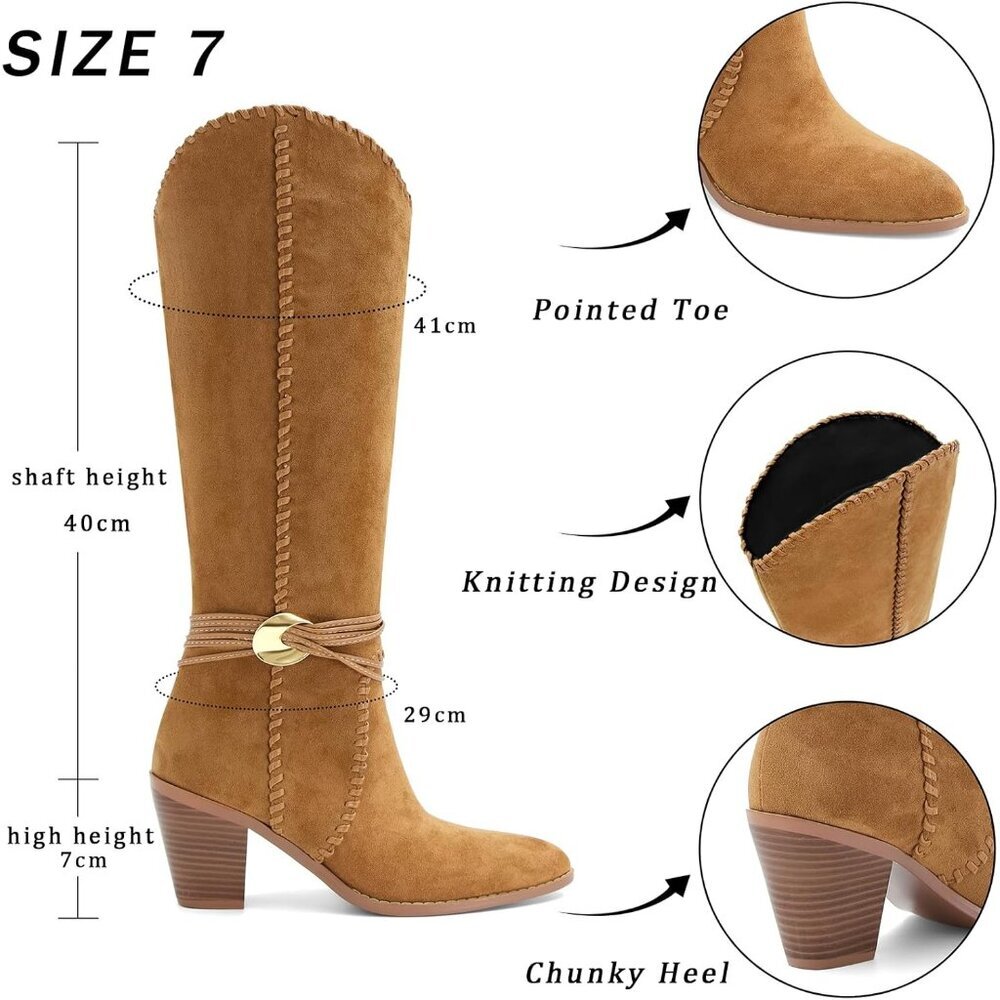 Women's Brown Suede Cowboy Pointed Toe Knee High Chunky Stylish Comfortable Heel - Picture 5 of 7
